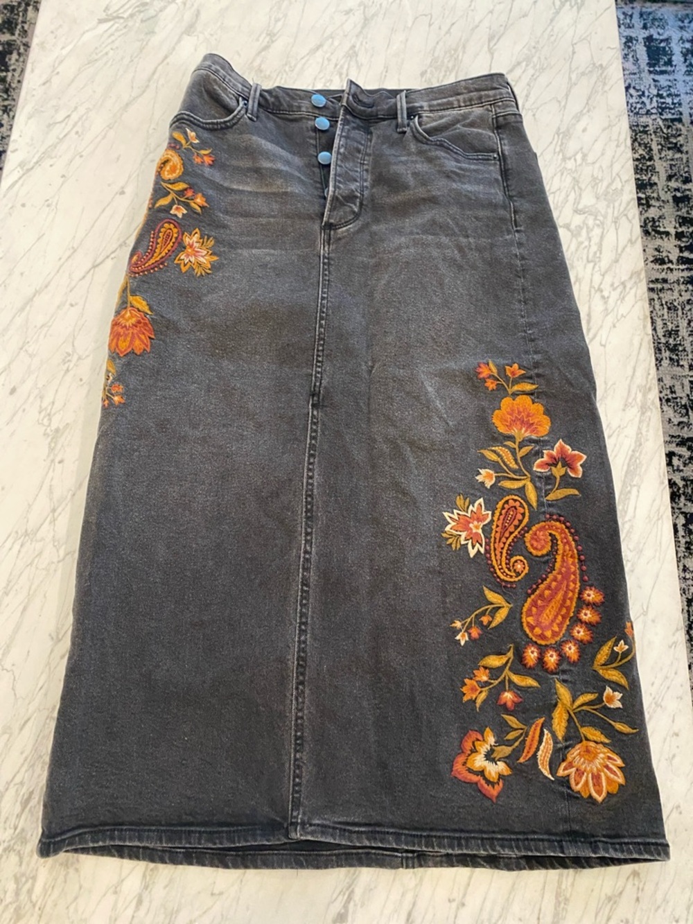 DRIFTWOOD Black Denim Midi Skirt with Orange & Yellow Paisley Embroidery